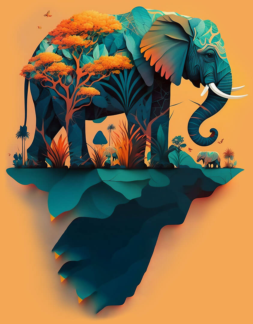 Elephant design with paterns and orange tree atop a floating rock