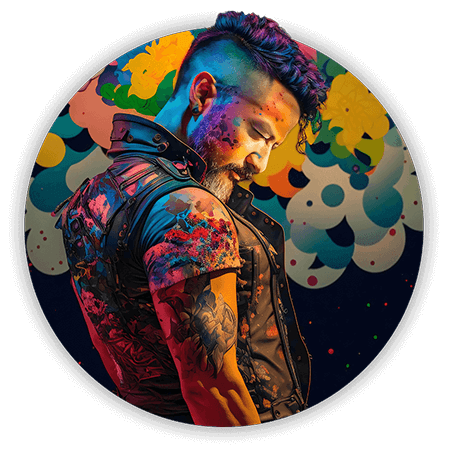 Profile picture of Eli as a cyberpunk character with colourful floral patterns in the background